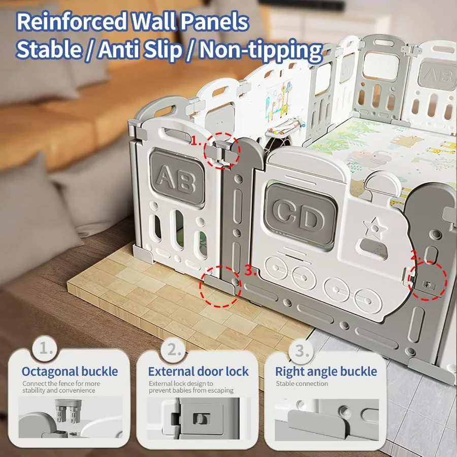 Baby Playpen, Foldable Kids Fence Activity Center, Safety Playard with Games Station Non-Slip Rubber Bases, Adjustable Shape, Po