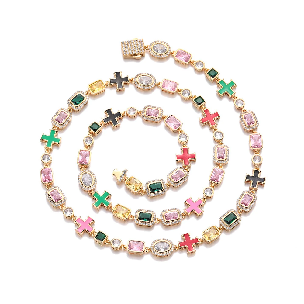 

8MM Colorful Gemstone Full-Inlaid Hip-Hop Necklace Fashion Niche Unisex Jewelry Accessory