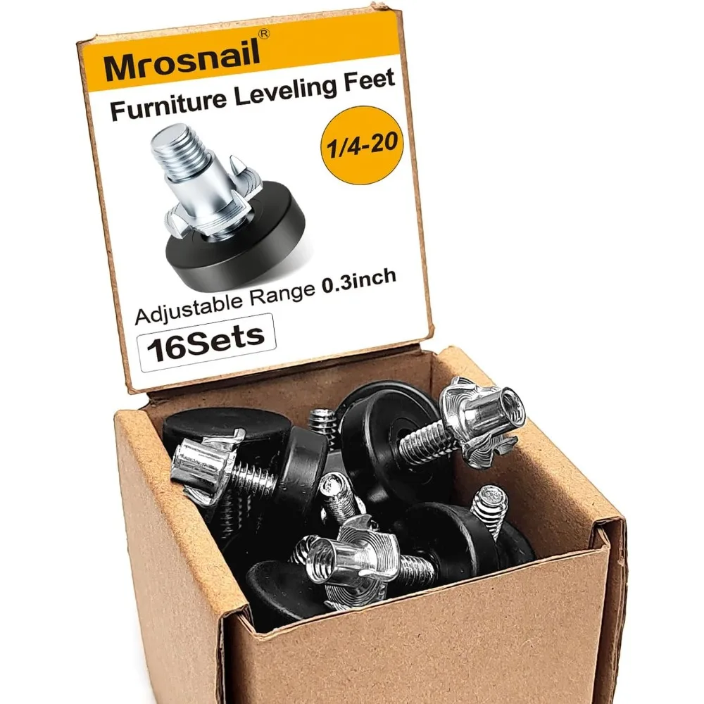 

16Pcs Adjustable Furniture Leveling Feet with T-Nuts, 1/4-20 UNC Thread Screw-in Furniture Levelers for Chairs, Nightstands, Sma