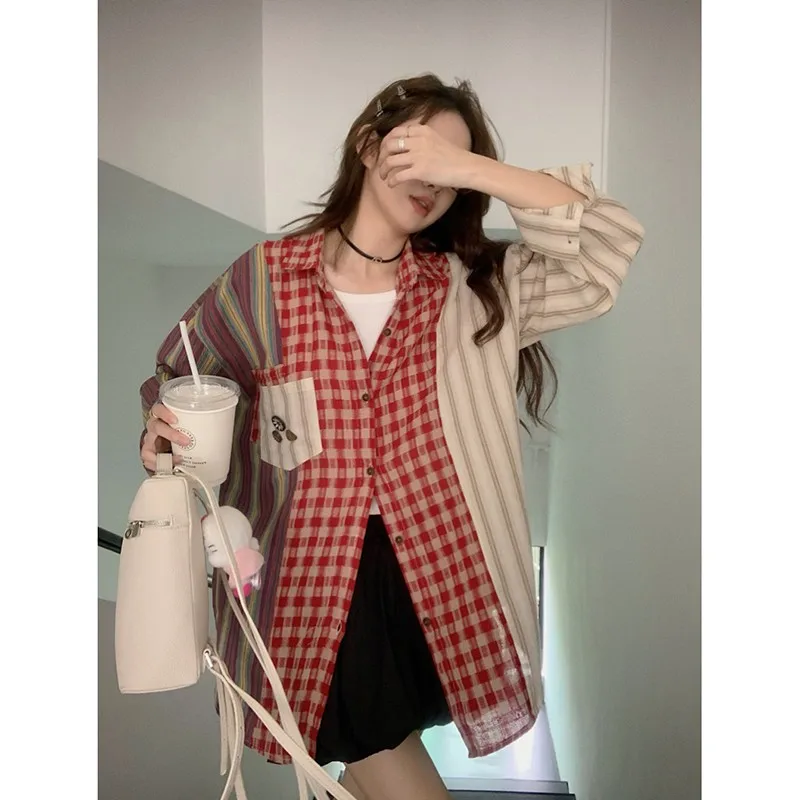 2024 New Arrival Summer Loose Fit Casual Turn-down Collar Long Sleeve Pockets Patchwork Plaid Cotton Single Breasted Shirts V968