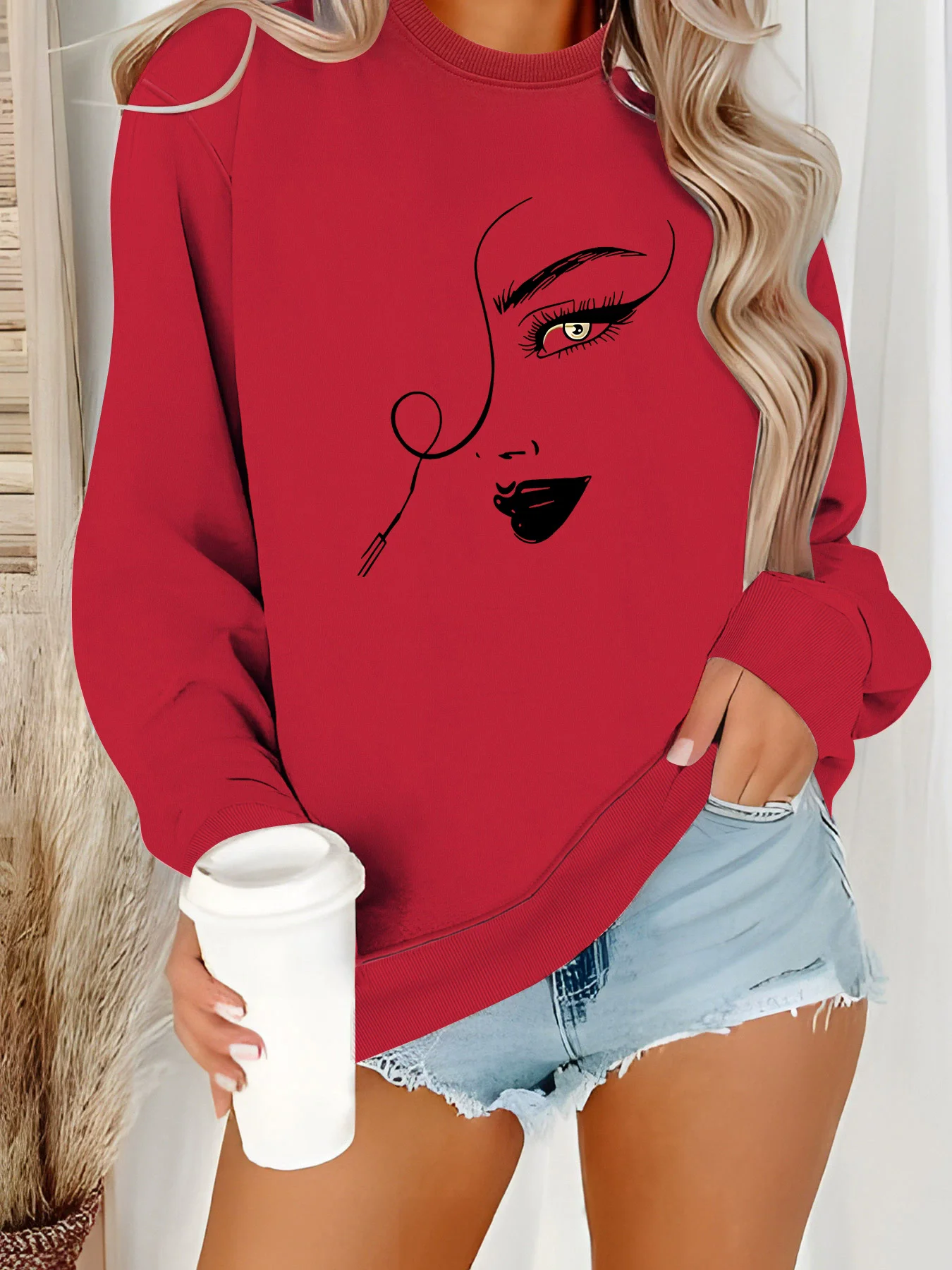 

Fall/Winter Windproof Women's Casual Long-Sleeved Round-neck Printed Pullover Warmth-Keeping Sports Shirt Sweatshirt polyester