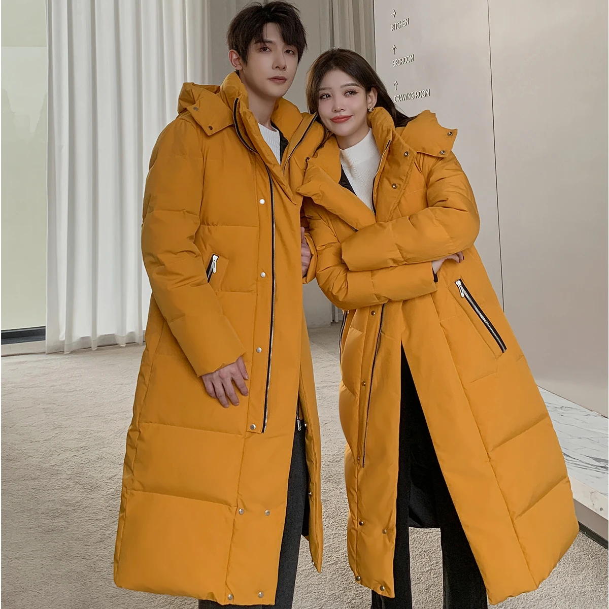 BJCJWF Winter Solid Long 90 White Duck Down Jacket for Women and Men Casual Thicken Warm Hooded Puff Jacket Zipper Down Coats