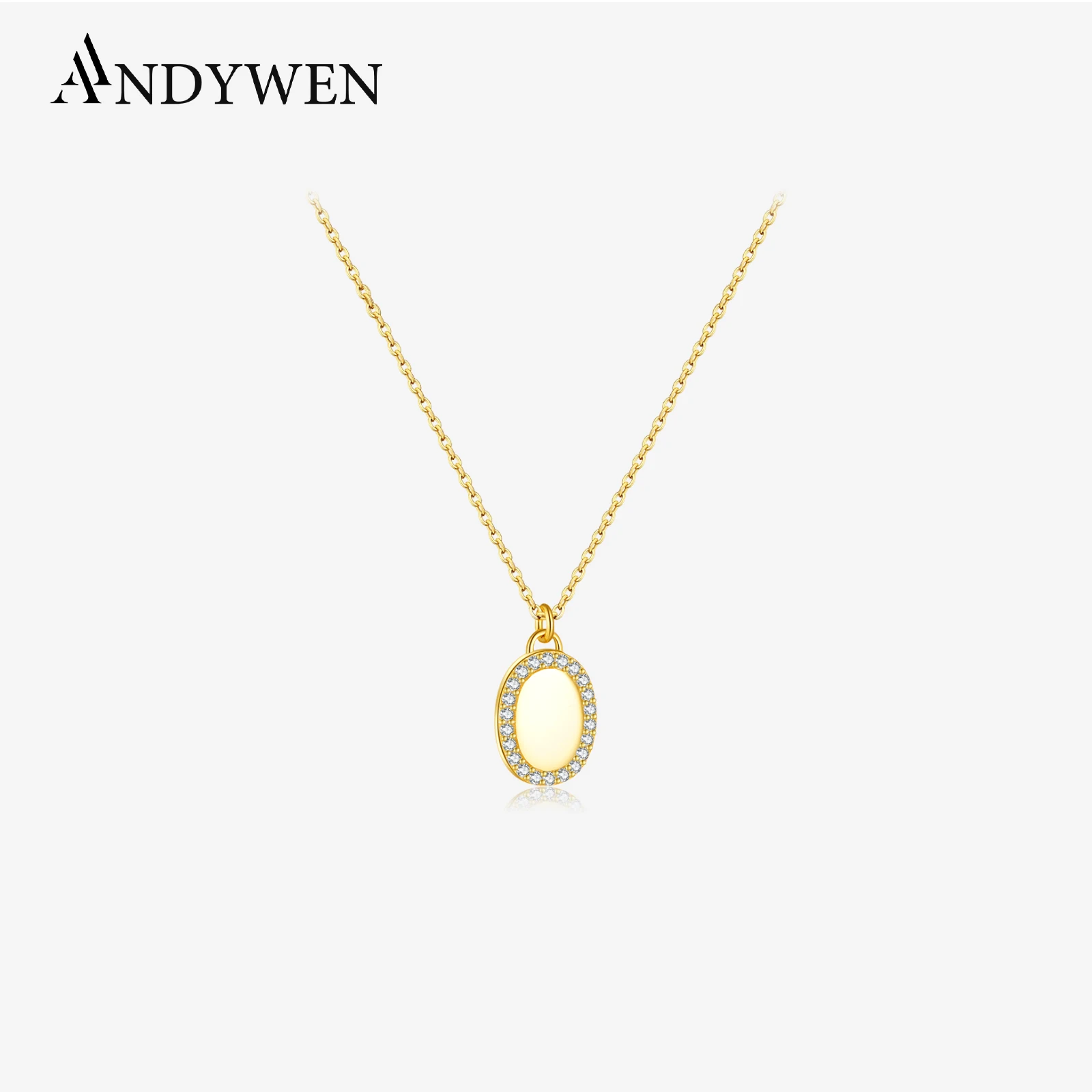 ANDYWEN Winter 925 Sterling Silver Gold Ovals Pendant Long Chain Necklace 2021 Women Fine Jewelry Gift Clear Zircon Jewels