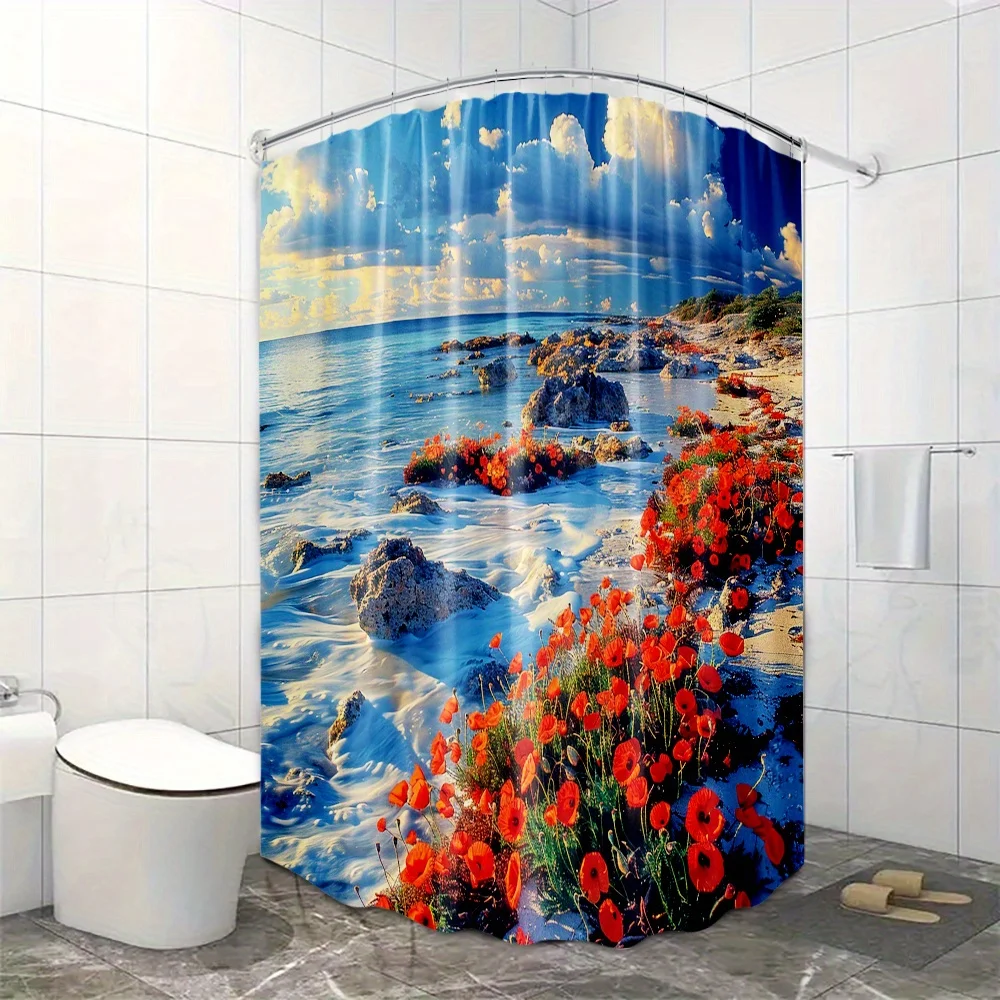 

1 шт. занавеска для душа с живописным океаном и цветами — яркий прибрежный пейзаж с красными маками, прочная полиэфирная ткань 70,8x70,8 дюймов