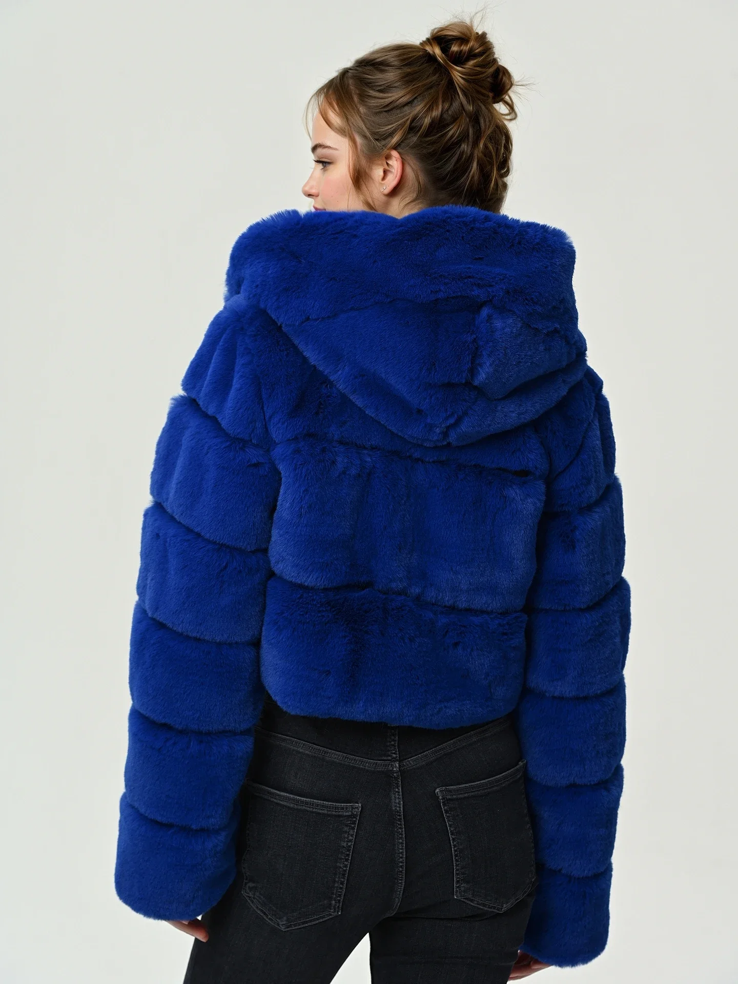 Kegular maat Elegant kort damesjack met capuchon van imitatiebont, lange mouw met ritssluiting, vrijetijdskleding voor herfst/winter
