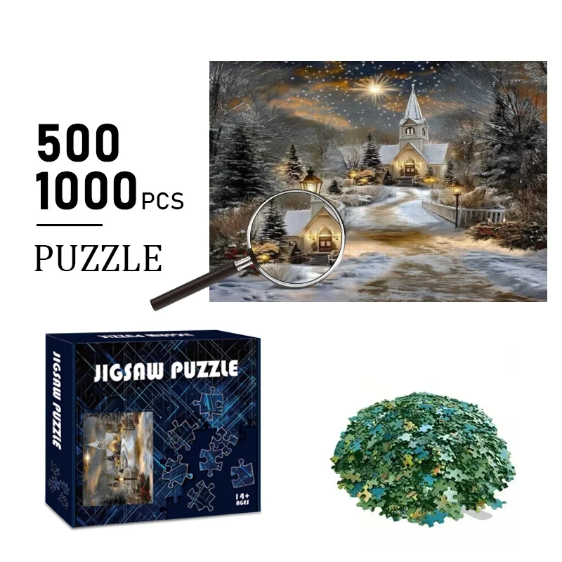 500/1000 Uds. Gran Iglesia con rompecabezas de escena navideña nevada adecuado para adultos y familias: rompecabezas grande desafiante con Uniq
