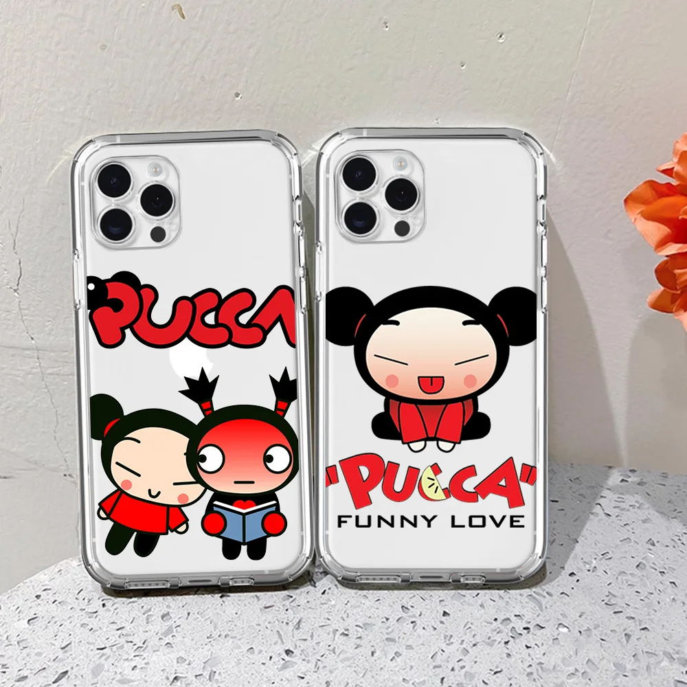 MINISO Cute P-Pucca G-Garu For iPhone 16 15 13 14 12 11 Pro Plus MAX XS iPhone13 14 Mini Transparent Phone Case