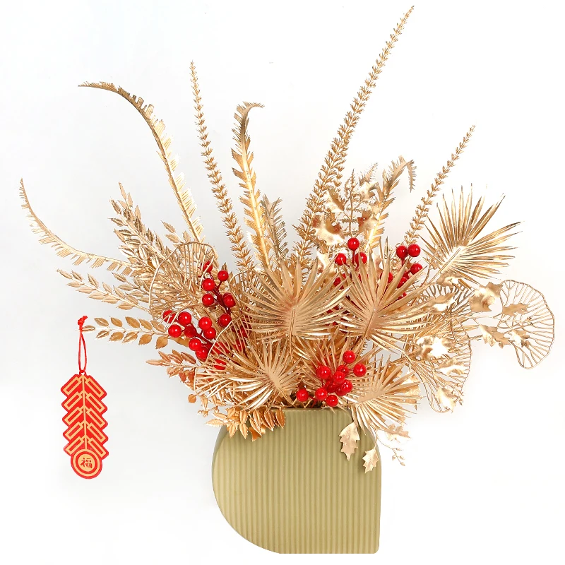 Golden Artificial Plants New Year 2024 Ornaments for Home Room Decor Navidad Christmas Decoration Fake Flowers Vase Accessories