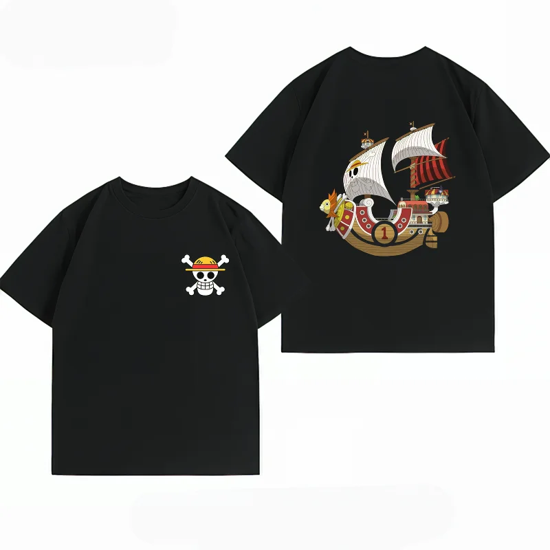 Bandai One Piece Thousand Sunny Print T-shirt Casual Short Sleeve Cotton Anime Streetwear Men's T-shirt