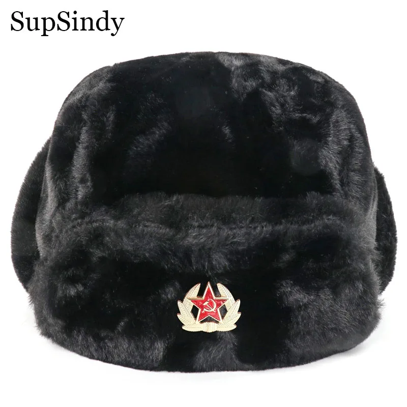 SupSindy Soviet Badge Ushanka Men&Women Bomber Hats CCCP Army Pilot Trapper Trooper Hat Winter Faux Rabbit Fur Earflap Snow Caps