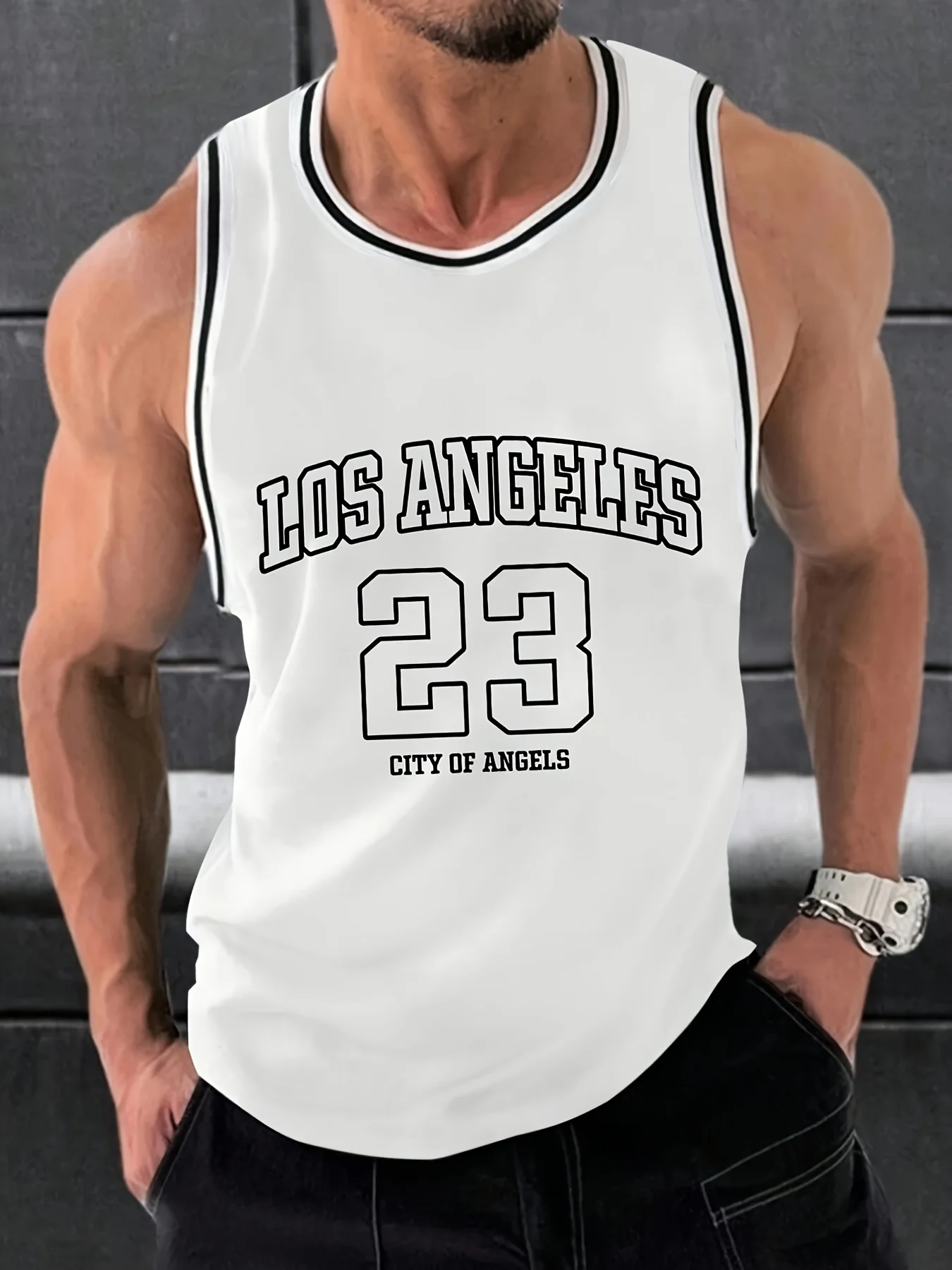 Men's Micro Elastic Breathable Mesh Basketball Jersey, Round Neck, LOS ANGELES Print, Summer Casual Short Sleeved Sports Vest
