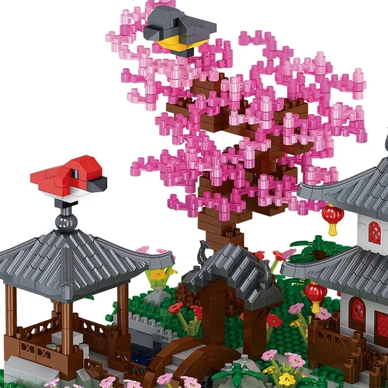 MOC Peach Blossom Pool Cherry Tree House Building Block สถาปัตยกรรมจีน DIY อิฐ Cherry Blossom ของเล่นสําหรับเด็กผู้ใหญ่ของขวัญ