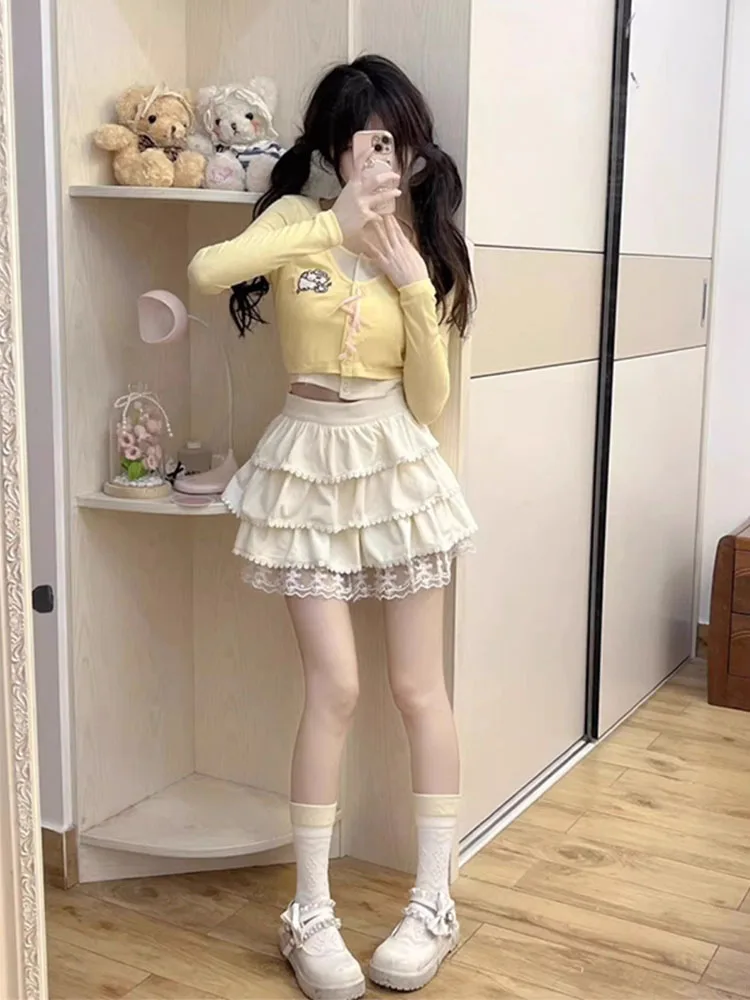 레이스 트림이 있는 스위트 발레 스커트 화이트 케이크 슬레 길이 여성용 봄 가을 하이웨이스트 A라인 단색