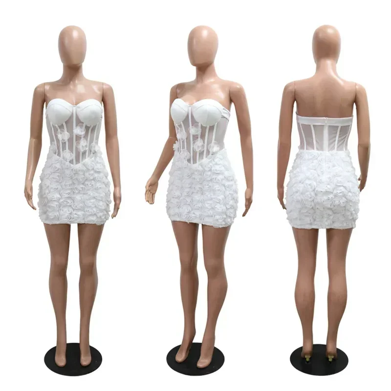 Eleganckie aplikacje Off Shoulder bez ramiączek krótkie sukienki na imprezę dla kobiet urodziny klub nocny siatkowa przezroczysta patchworkowa obcisła sukienka
