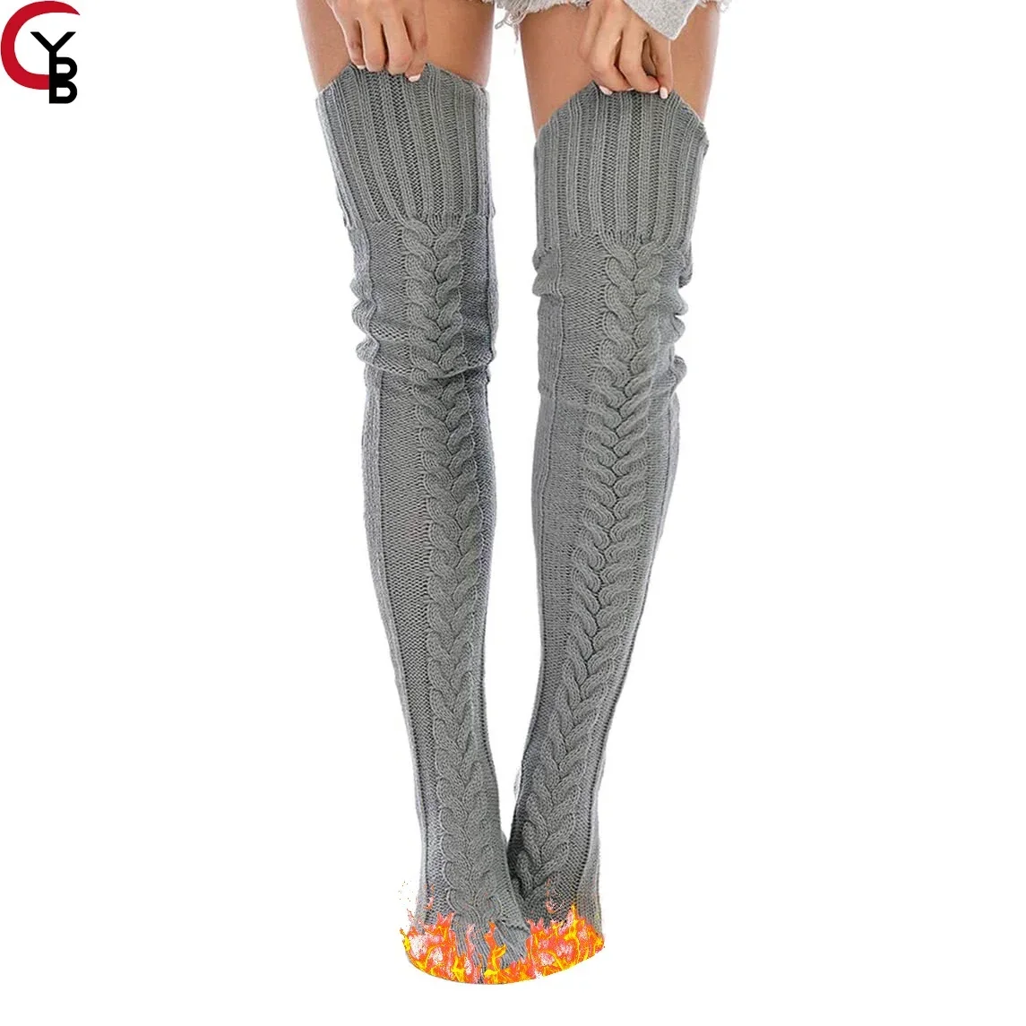 Calcetines altos hasta el muslo de punto de Cable para mujer, medias Extra largas, calentadores de piernas por encima de la rodilla, Invierno