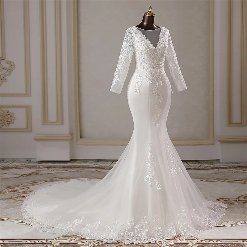 Tay Dài Thanh Lịch Táo Nàng Tiên Cá Áo Cưới Hôn Nhân Đầm Cô Dâu Đầm Vestidos De Novia Đầm Nữ Tiệc Cưới