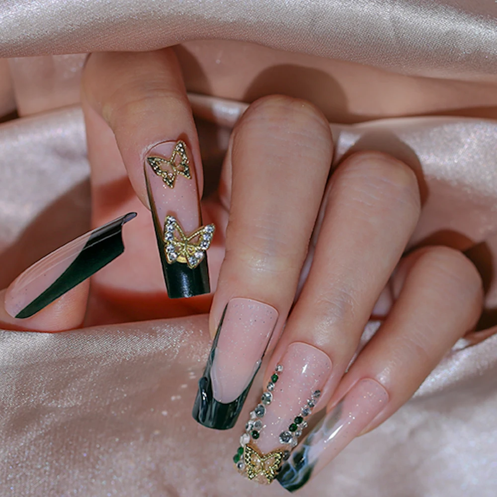 

24 Pieces / Set Removable Long Handmade Press On Nails Leopard Print Diamond Style Fake Nails Tips Luxury French Manicure DIY