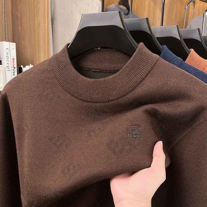 高級メンズ新秋長袖ニットプルオーバーラウンドネック刺繍保温高品質セーターレジャービジネストップス