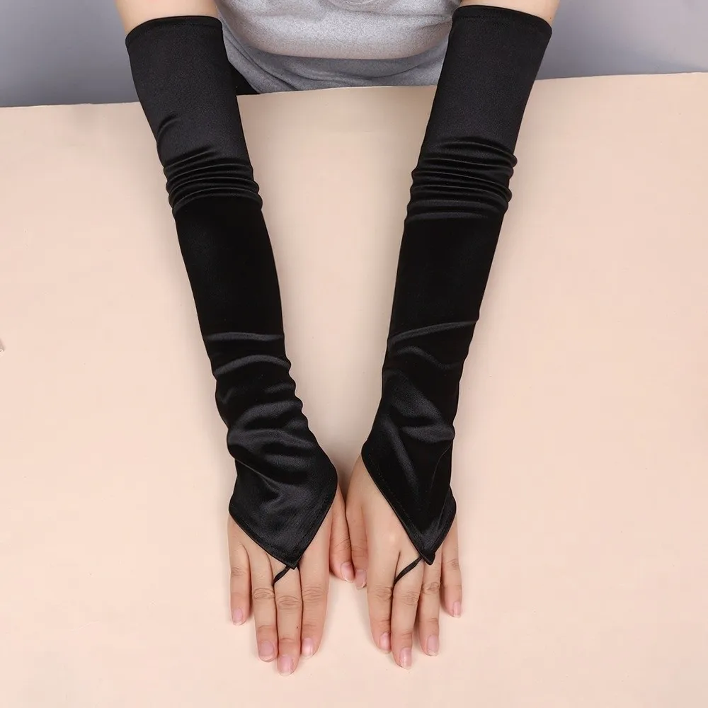 New 49CM Women Gloves Satin Solid Retro Hook Finger Gloves Elasticity Stage Performance Long Fingerless Gloves Wedding Bride