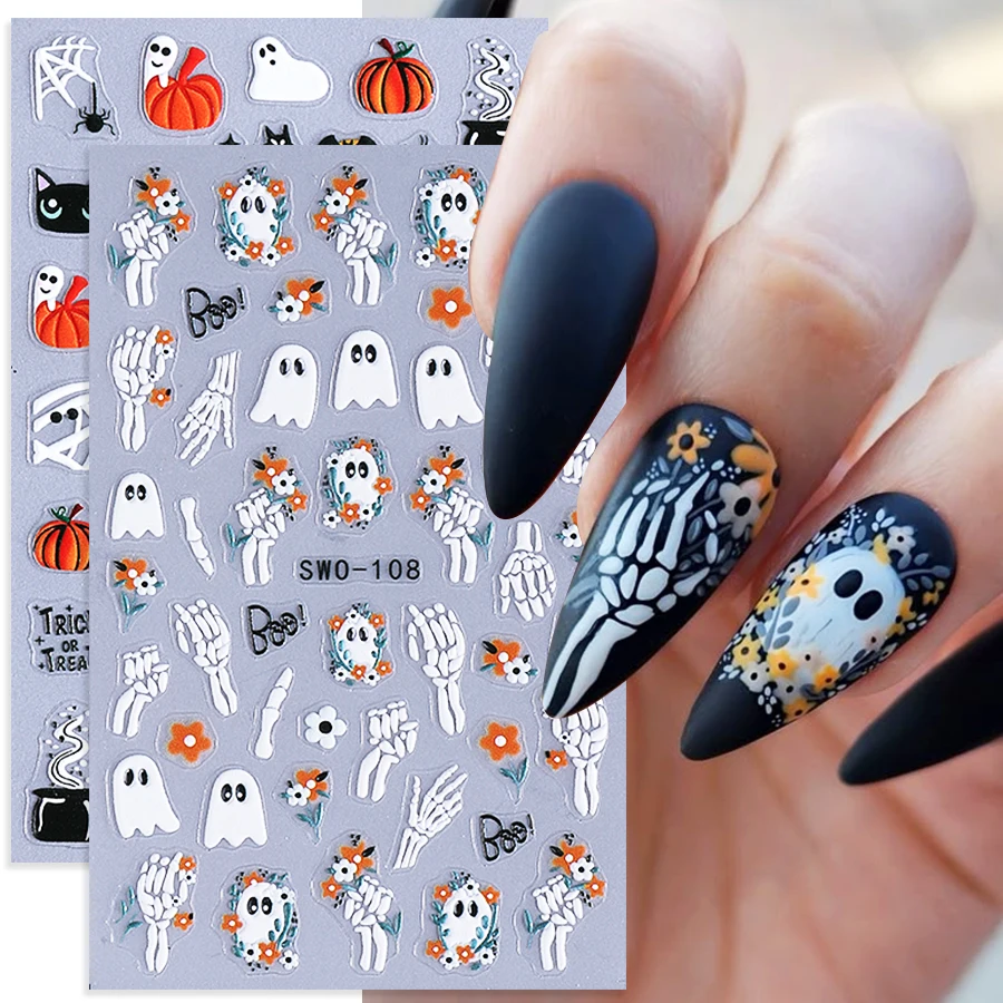 2 stücke Halloween Nail art Aufkleber Cartoon Geist Skelett Hand Spinne Web Kürbis Katze Nagel Aufkleber Slider DIY Charms Maniküre Dekor
