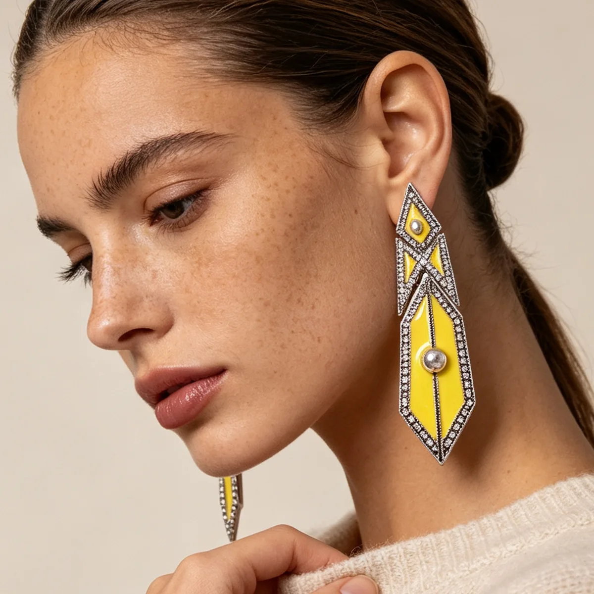 Vintage Geometrische Gelbe Emaille Lange Hängeohrringe für Frauen mit Eingelegten Kristall-Strasssteinen, Statement-Schmuck Geschenke
