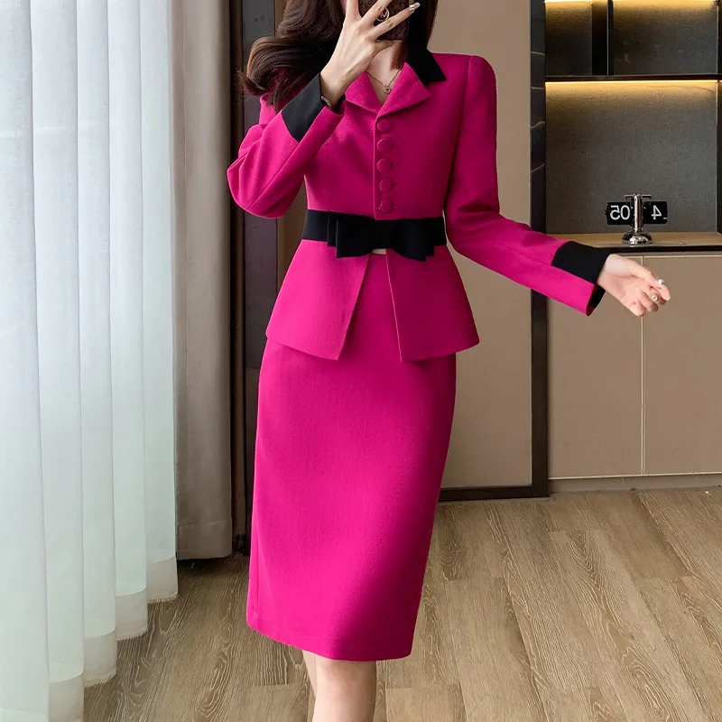 Elegante uniforme formal rosa com saia e jaquetas, ternos, estilos profissionais, entrevista de carreira, desgaste do trabalho de escritório, blazers