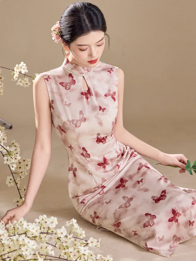 

2026 New Print Gradient Color Long Sleeveless Slimming Dress Traditional Chinese Style Daily Wear Breathable