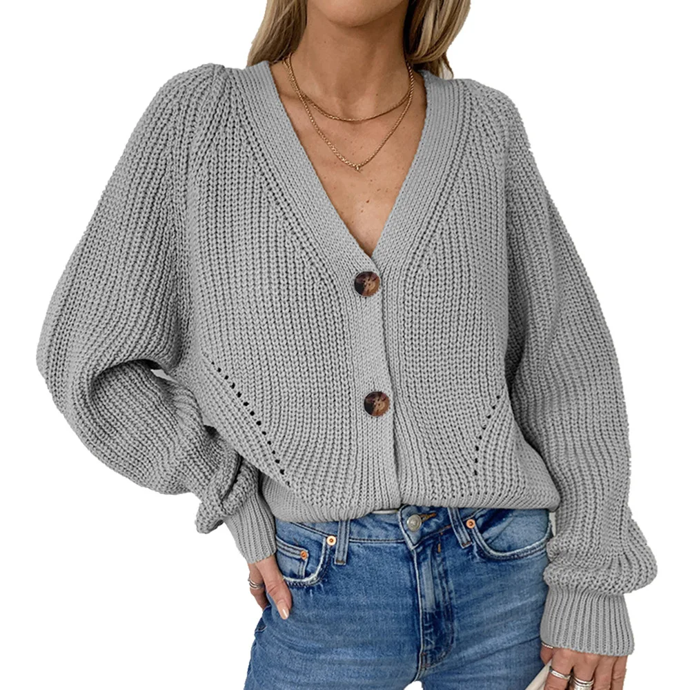 

2025 New Fashion Button Lantern Sleeve Knitted Shirt Women Autumn Casual Loose Solid Color V-neck Home Cardigan For Women