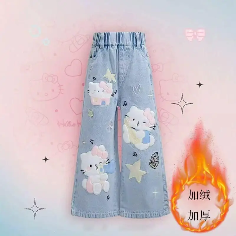 

Sanrio Hello Kitty Girls Winter Fleece Lined Straight Leg Jeans Warm Cartoon Pants For Kids Cold Weather Thick Trousers Cute