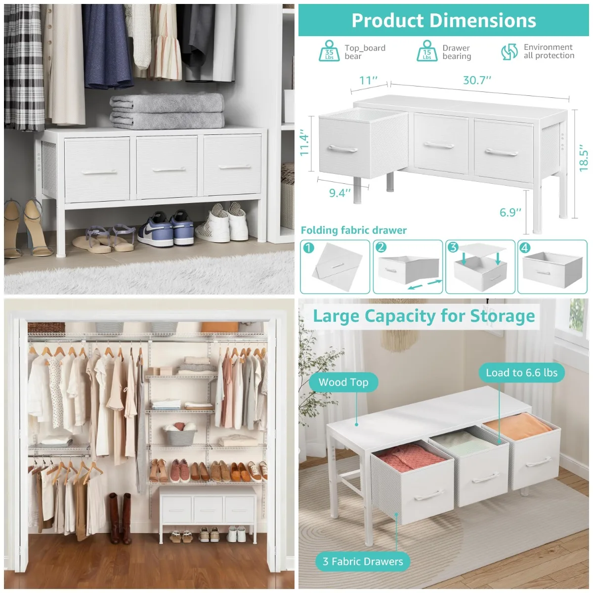 

Closet Storage with 3 Fabric Drawers Small White Dresser for Closet Floor Organizer Dorm Bedroom