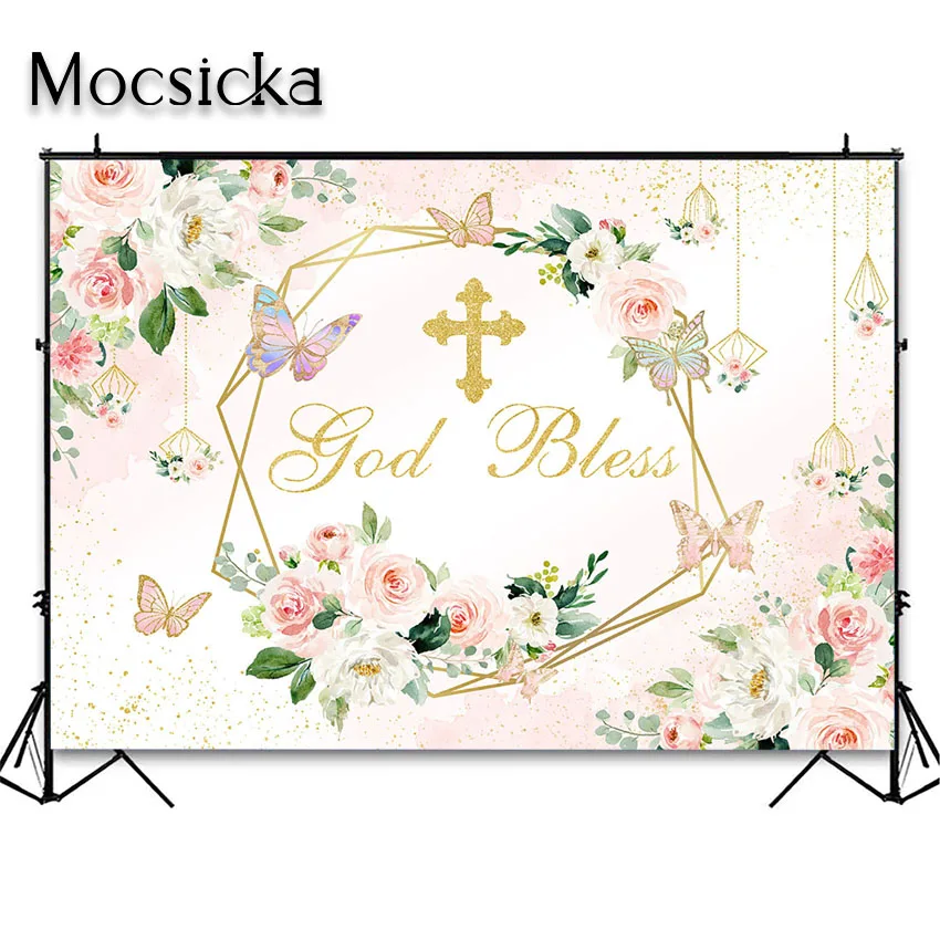 Fondo de bautismo Mocsicka para niñas, primera comunión, bautizo, Baby Shower, decoración de fiesta, fondo de bendición de Dios de oro rosa