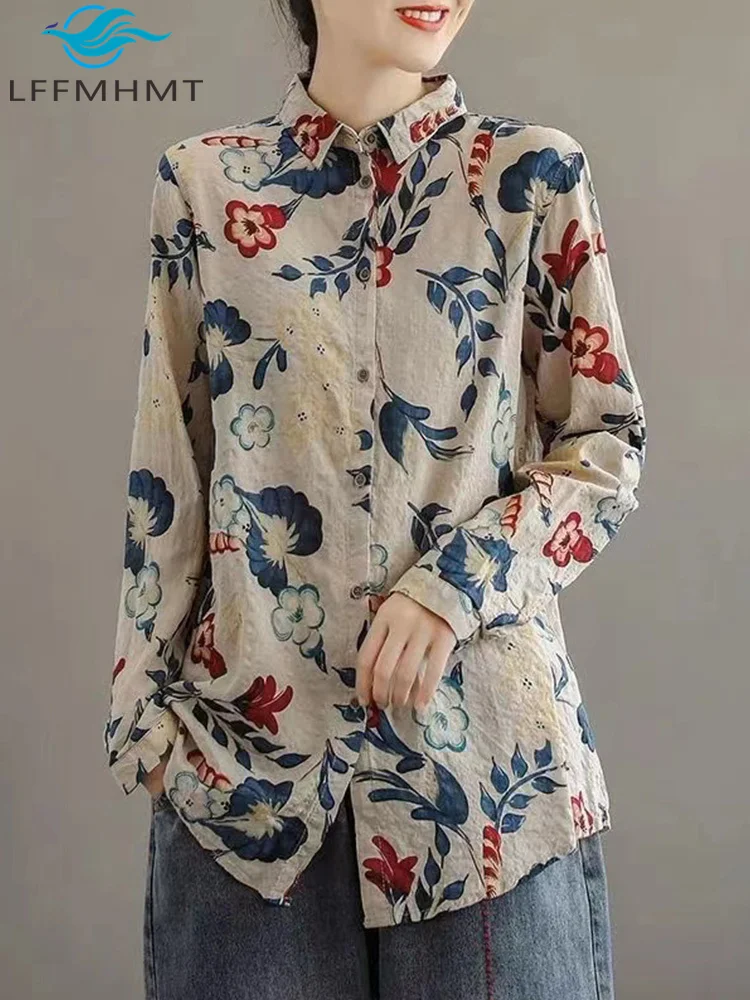

Винтажная рубашка с длинным рукавом в китайском стиле с цветочным принтом, женская весенне-осенняя модная свободная повседневная мягкая уютная блузка с отложным воротником