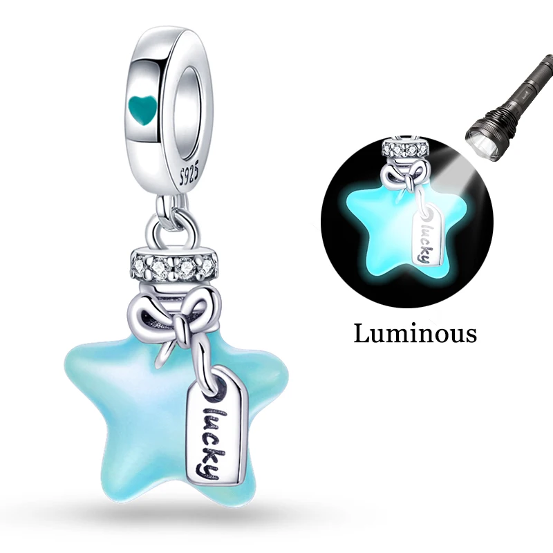 

Original 925 Sterling Silver Colorful Night Light Blue Star Charms Pendant Fit Original Bracelet DIY Women Party Jewelry Gifts