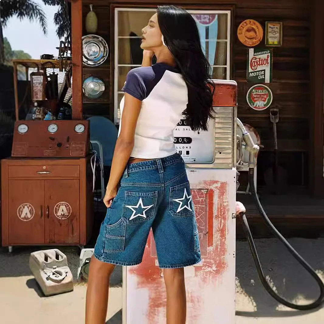 Women Denim Bermuda Shorts Loose Casual Printed Spring Summer Jean Short