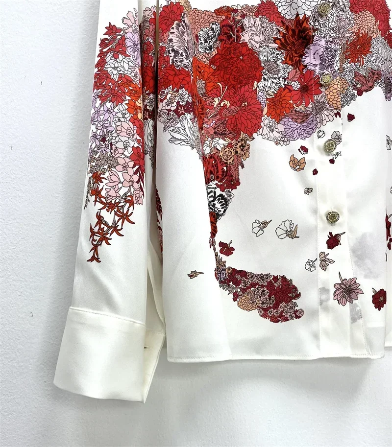 4XL Satin White Shirt For Women Luxury Red Horse Print Long Sleeve Blouses Spring Autumn Slim Office Ladies Shirts Tops