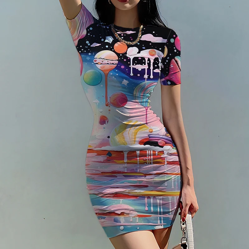 Summer new lady slim dress sphere color rendering 3D printed lady dress beautiful lady slim dress fashion trend lady slim dress