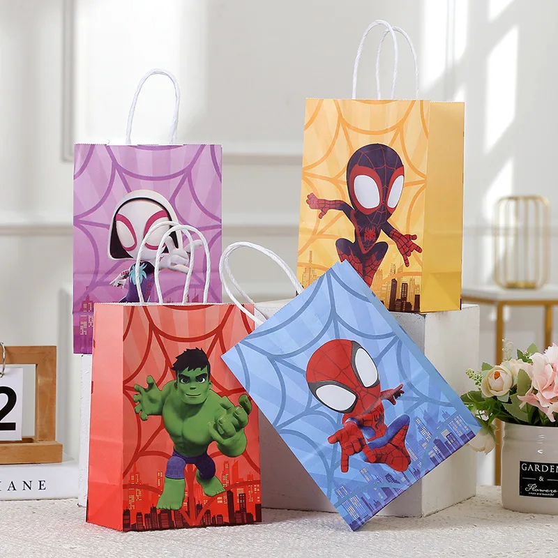 

6/12Pcs Disney Avengers Spiderman Mickey Birthday Party Decor Gift Handle Bags Candy Bag Baby Shower Party Gift Color Paper Bag