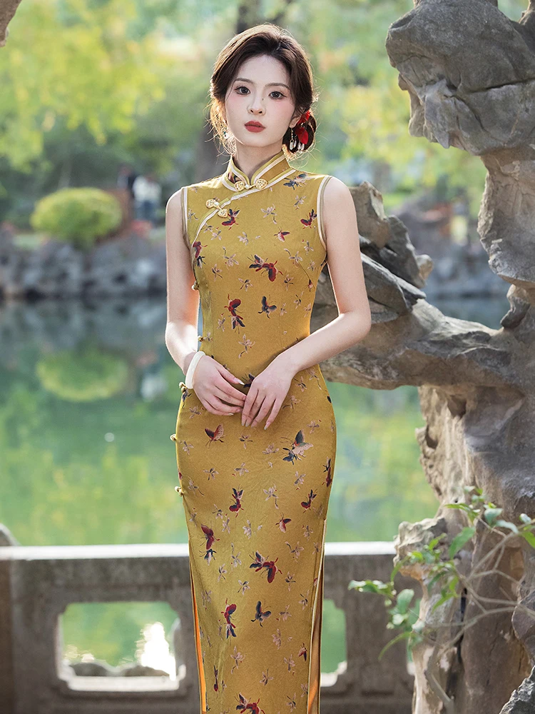 

Элегантное ретро-платье в стиле Республики Китай, длинное, дышащее, из полиэфирного волокна, для повседневной носки, с эффектом похудения