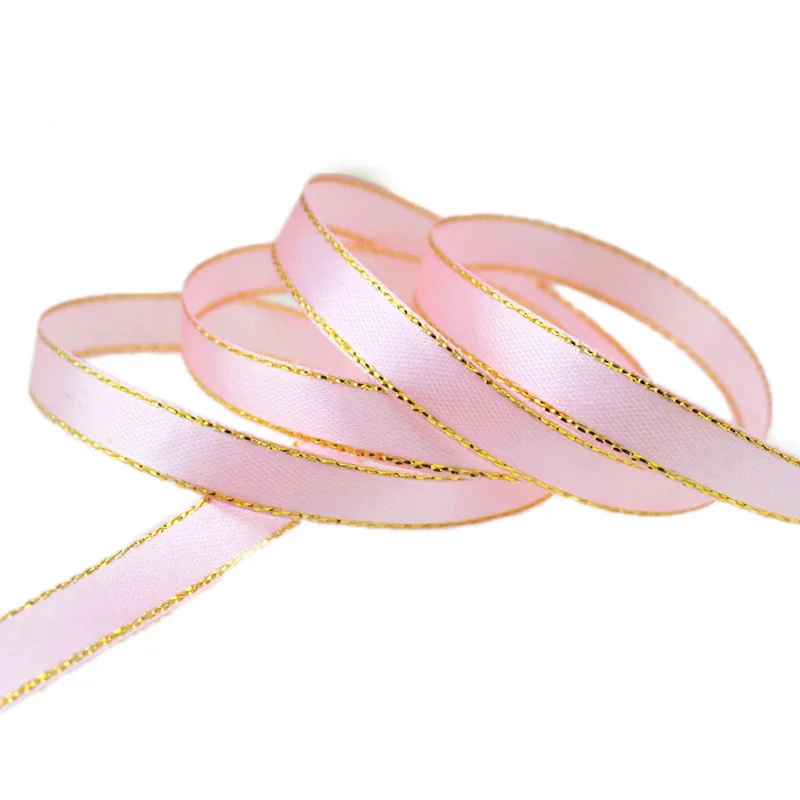 (25 Yards/lot) 10mm Satin Gold Edge Ribbon Wholesale High Quality Handmade DIY Gift Packaging Ribbons