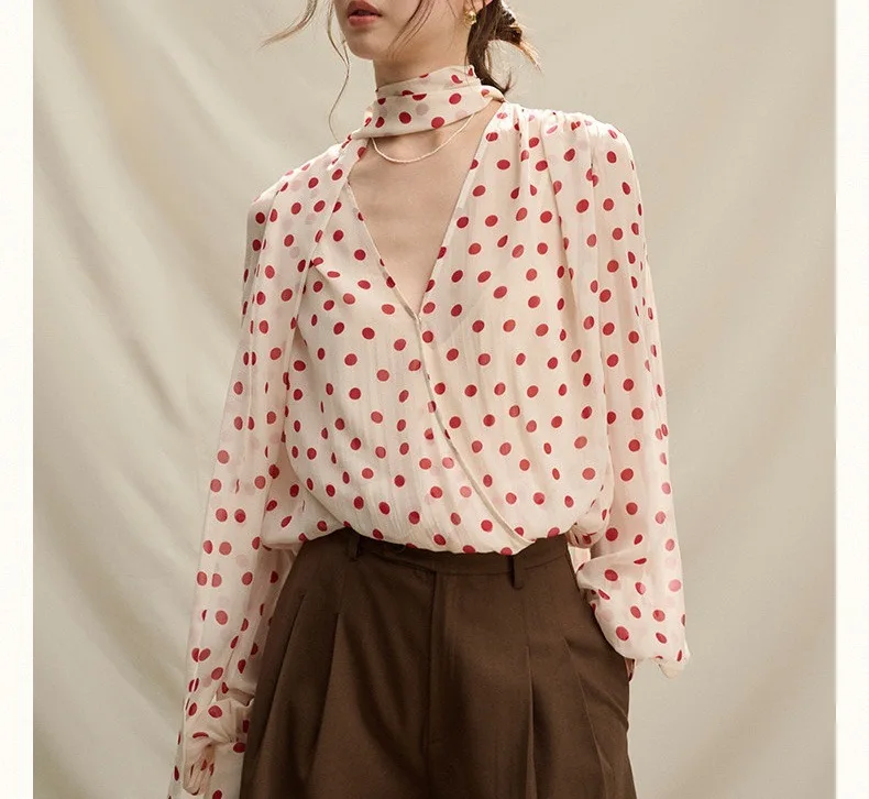 

Casual High Collar Long Sleeve Lady Top Spring Women Polka Dot Print Blouse Simple Women's Blouse Female Shirts & Blouses