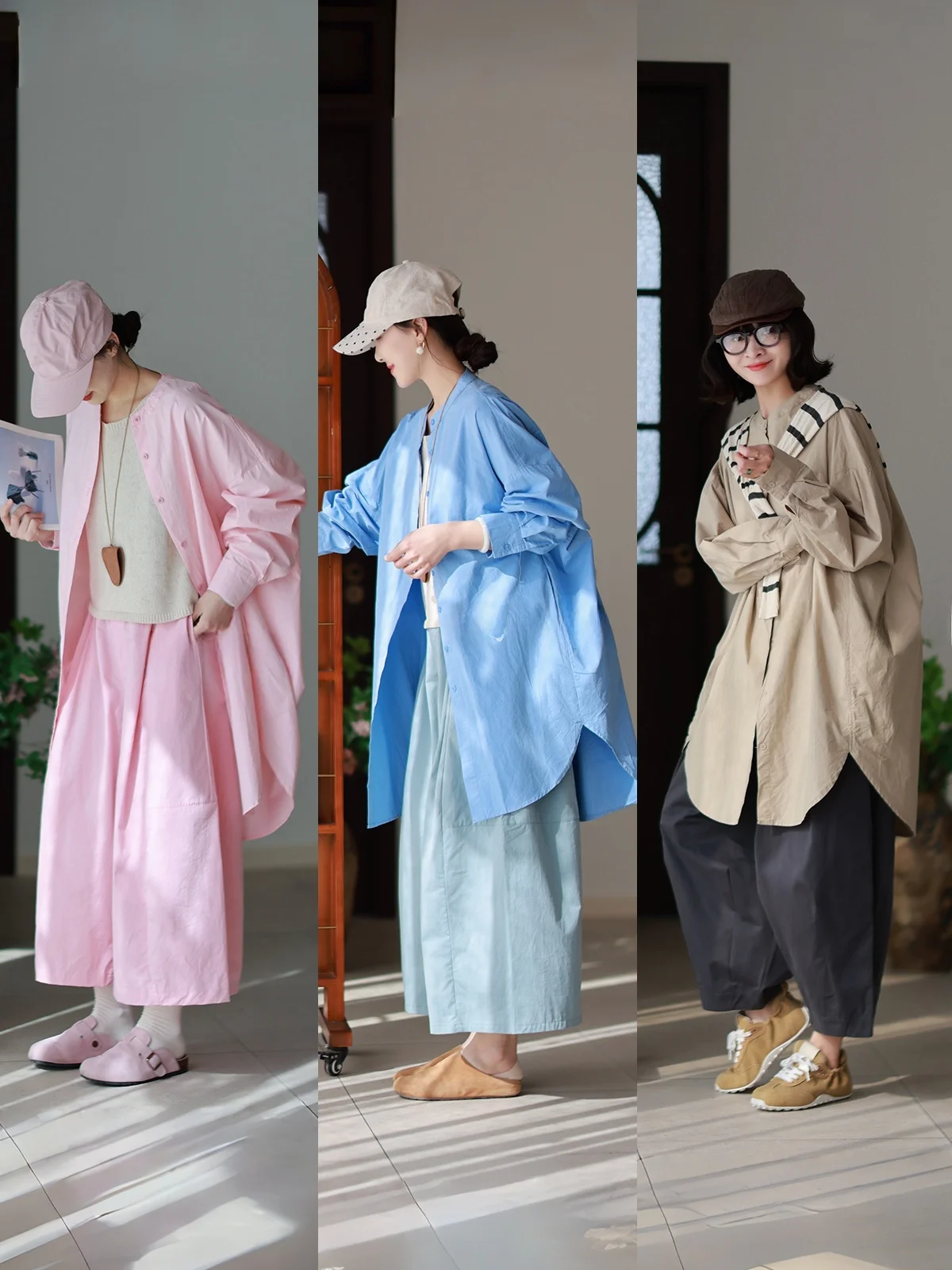 

Original Women's Cotton irt Spring Summer New Sle Slim Fit Casual Long Sve Stand Collar Mid-Length Single Button