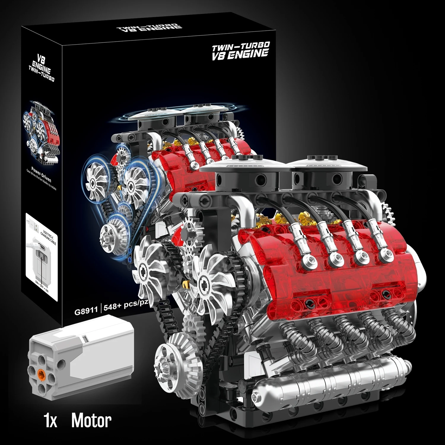 

FUNXINEE 548pcs Technical Twin Turbo V8 Engine Building Blocks, Motorized Mechanical Model, Creative Car Parts Ornament Gift