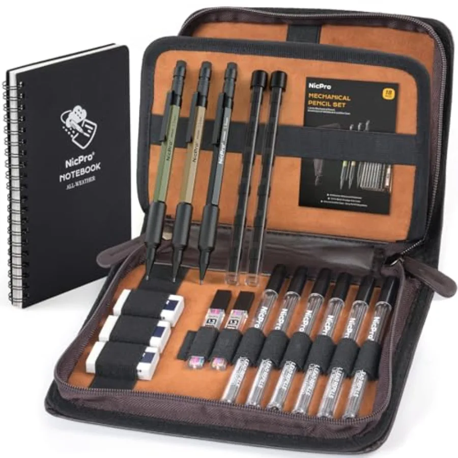 

1.3mm Mechanical Pencil Set in Leather Bag with Waterproof Field Notebooks, 3PCS Metal Heavy Duty Carpenter Pencil with Lead Re