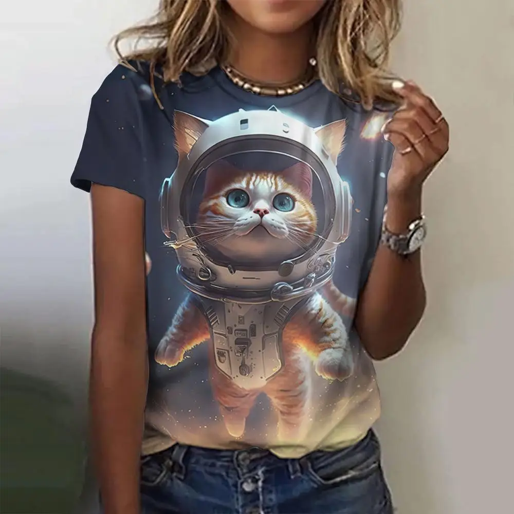 Cat Cosmonaut Pattern Funny Women\'s Loose T-shirts Casual Fashion Short Sleeves T shirt Summer Trend O-neck Women Clothing Tops