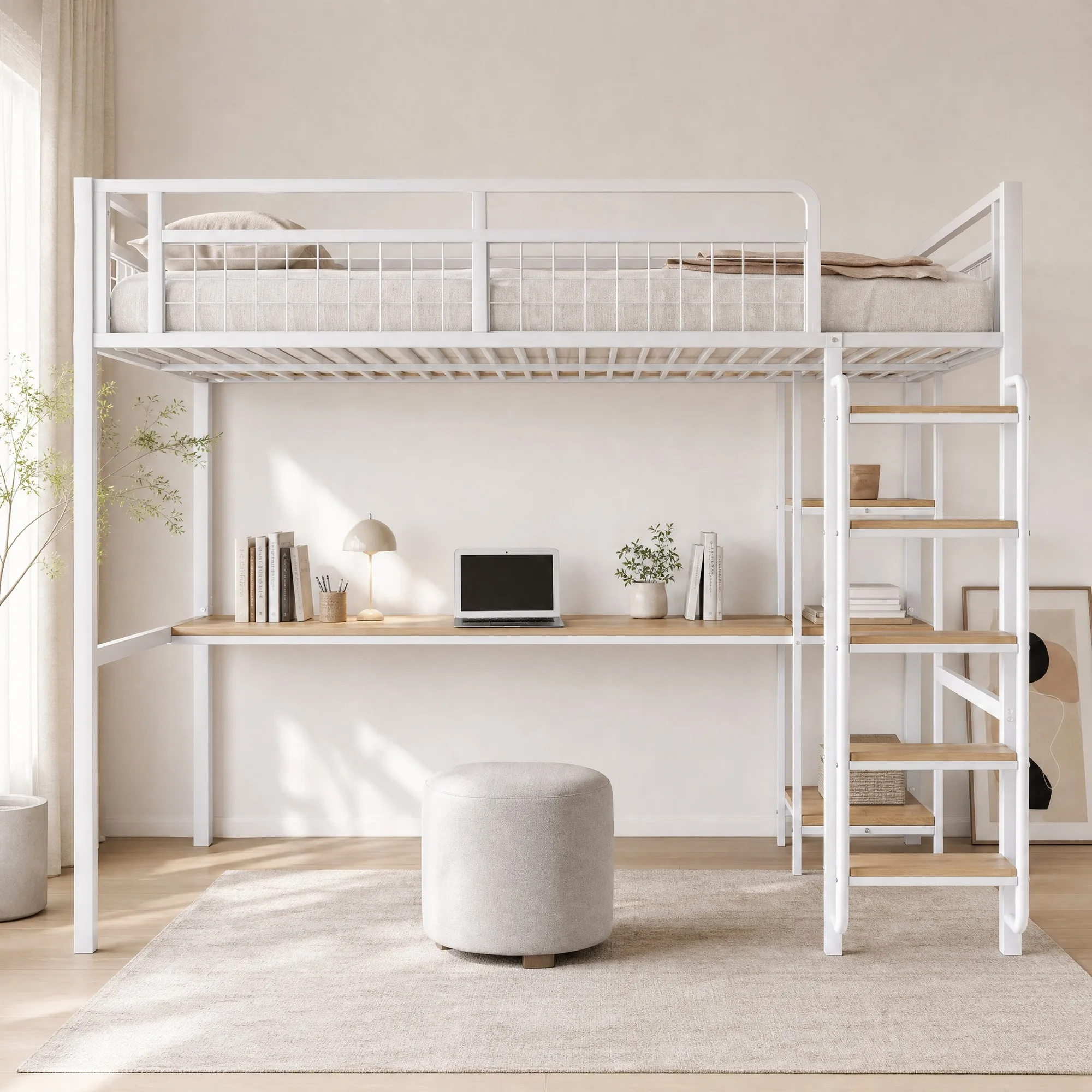 Wit metalen hoogslaper 140x200 cm met veiligheidsladder, bureau en planken, metalen leuning voor kinderen en tieners