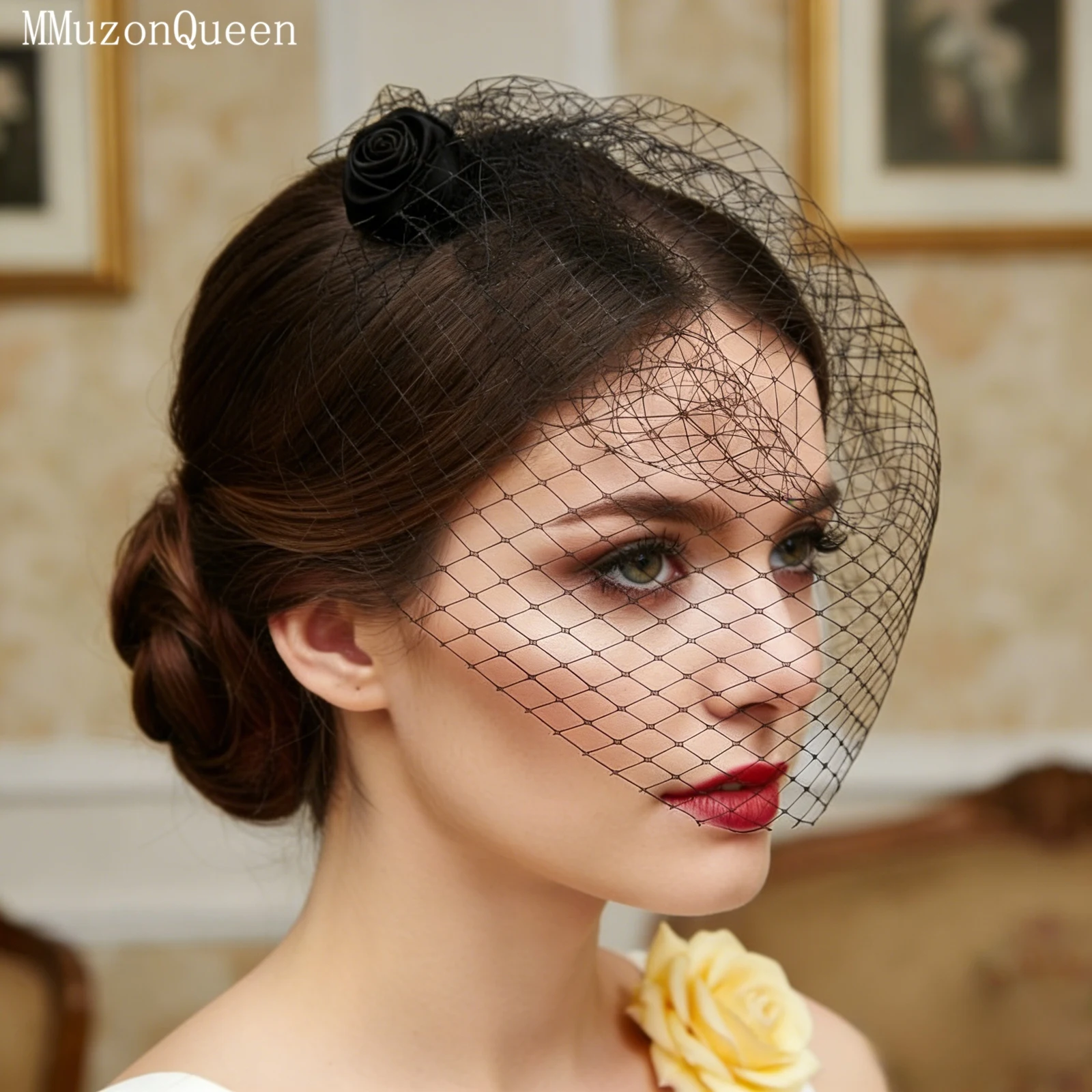 

Вуаль-кейкейк TOPQUEEN VA02 черная с цветами, сетчатая ретро-вуаль-кейкейк для женщин с гребнем для волос