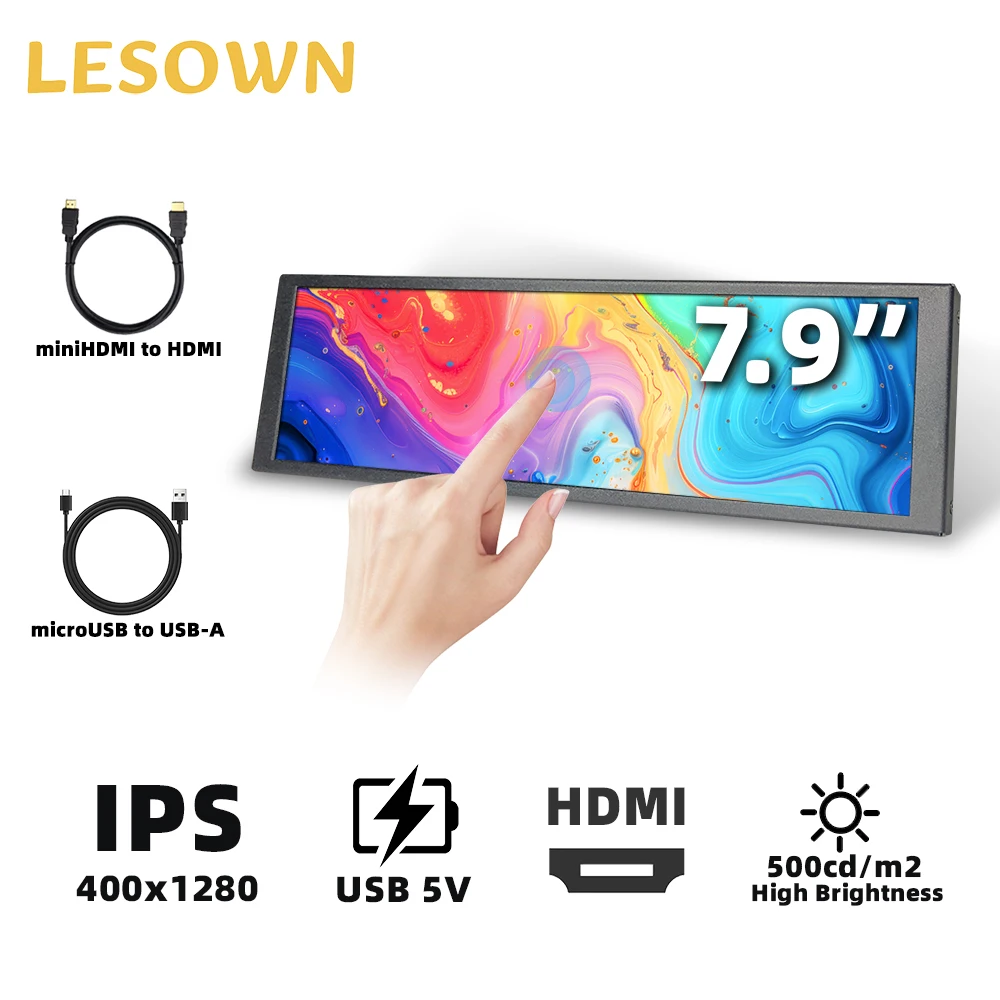 LESOWN 7.9 inch IPS Secondary Screen Stretched Bar LCD 400x1280 HDMI Monitor 7.84