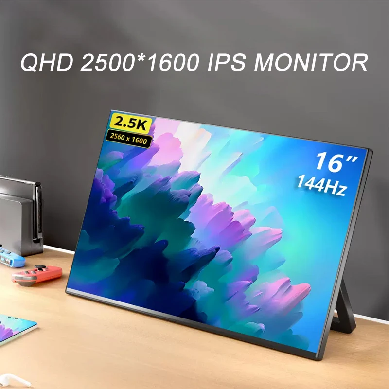 Monitor de 16 pulgadas IPS 2,5 K 144Hz velocidad de actualización con soporte para XBox PS4/5 Switch Gaming viajes negocios Monitor ligero delgado