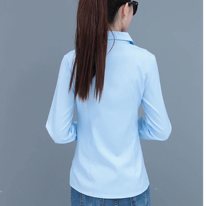 Korean Fashion Blue Women\'s Shirt Long Sleeve Blouse Formal Shirt Slim Female Working Clothes Elegant Ladies Tos Basic OL Blouse