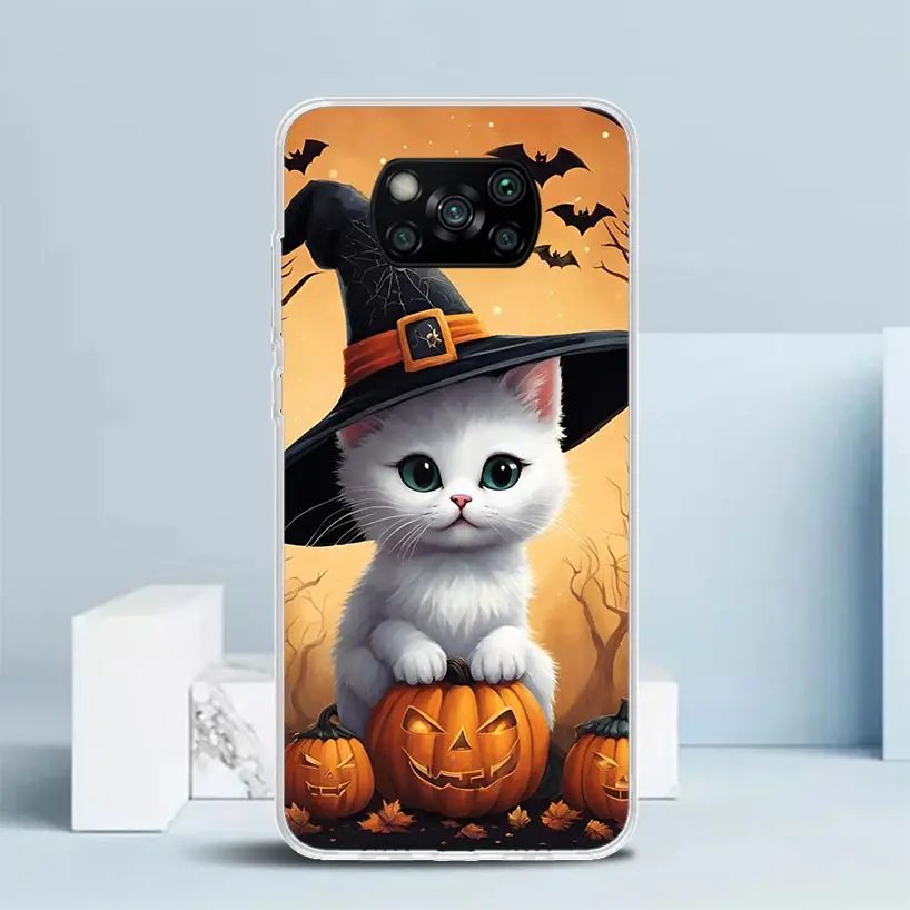 Black Kitten Halloween Pumpkin Phone Case For Xiaomi Poco X6 X5 X4 X3 Nfc F6 F5 Pro F4 Gt F3 F2 F1 M5S M4 M3 M2 Soft TPU Back Co